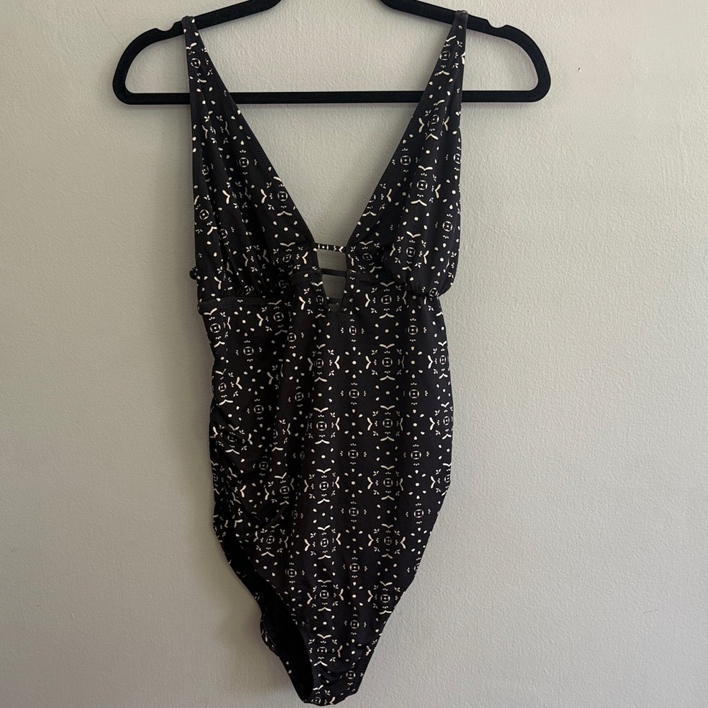 Black Maternity One-Piece Swimsuit with White Geometric Print